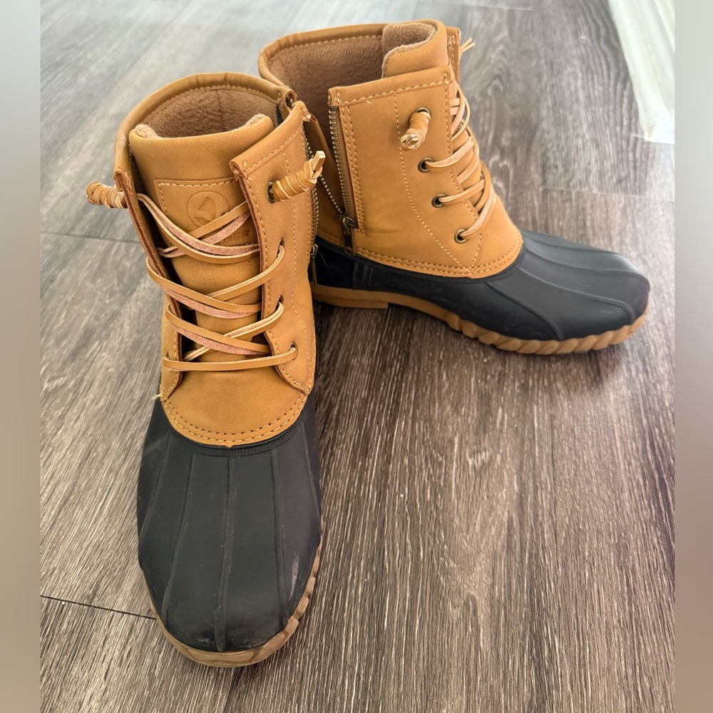 Tan and Black Duck Boots